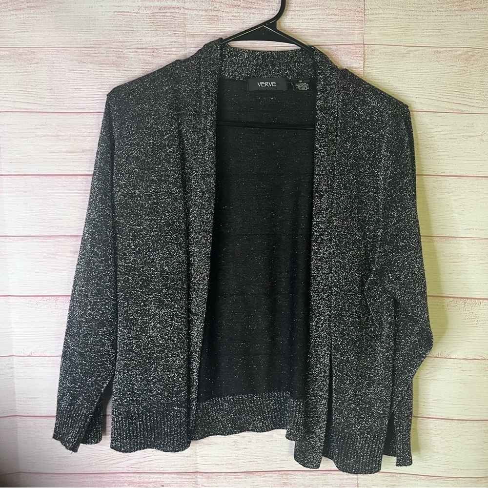 Verve Open Front‎ Black Silver White Metallic Knit Cardigan Size 1X